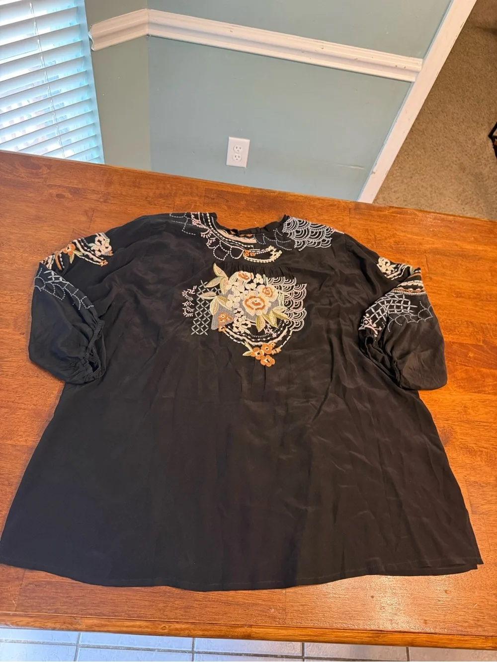 Johnny Was 2X Bassett Embroidered Silk Blouse Black Boho Peasant Top
